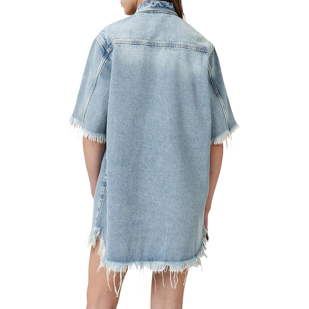 AllSaints Faye Frayed Short Sleeve Mini Denim Dress Jean Raw Edge Button Up - Picture 2 of 14